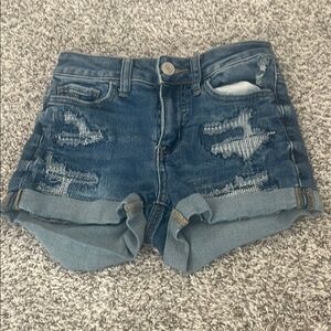 SO Blue Distressed High Rise Shortie Denim Shorts with Frayed Hem